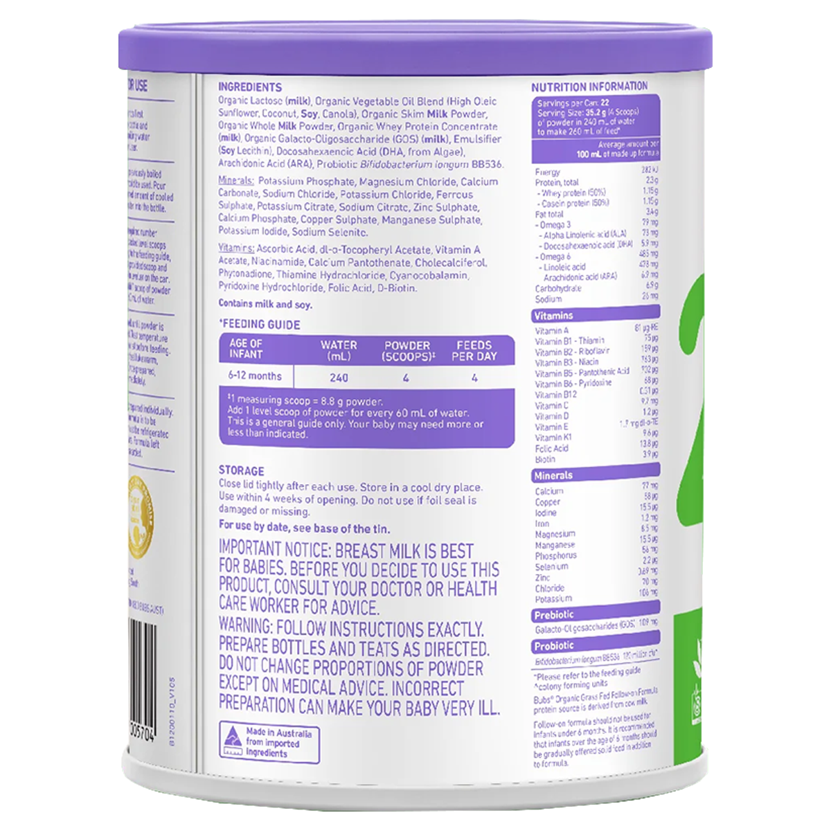 Bubs Organic® Grass Fed Follow-on Formula Stage 2
